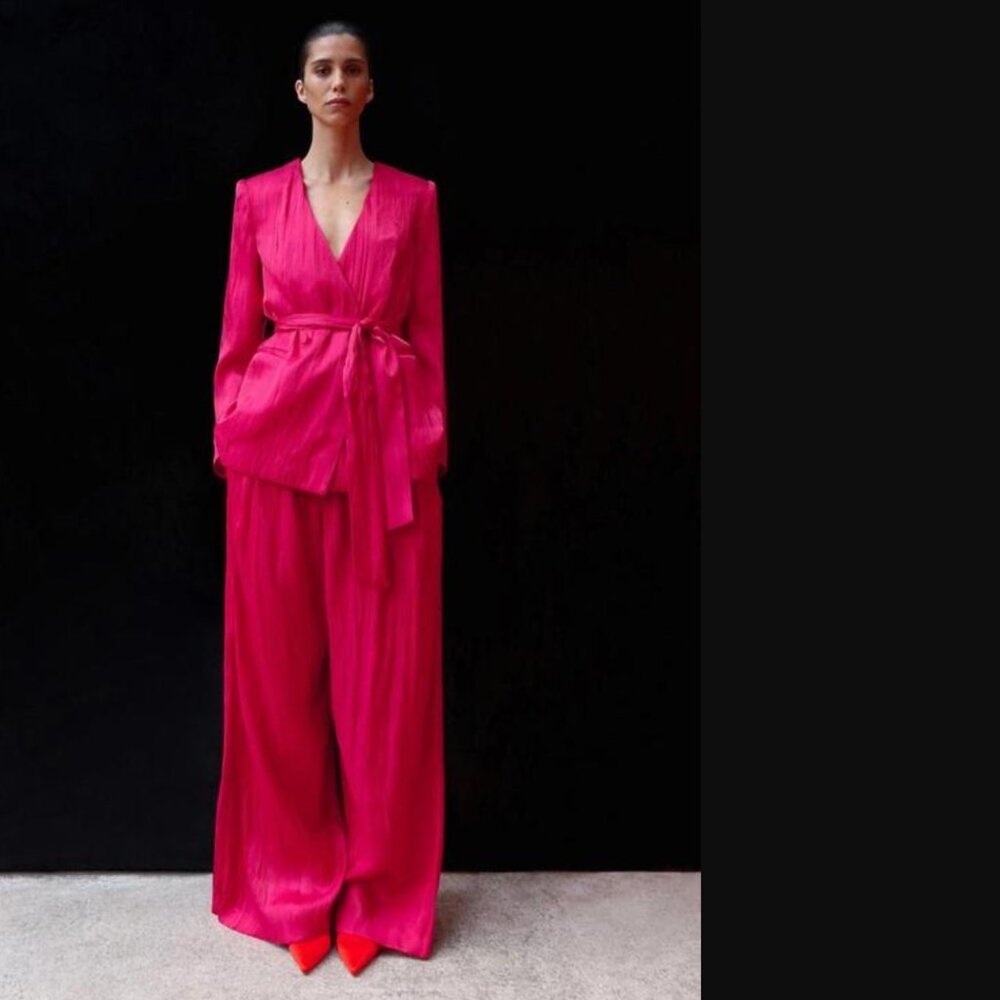 ZARA Women Fuchsia Wrinkled Effect Wide Leg Pants Size XS NWT